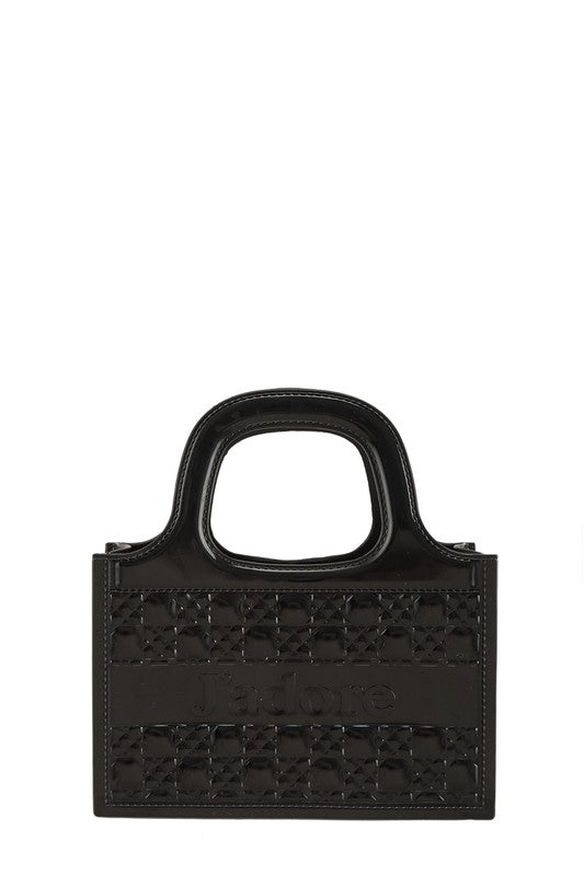 Black JADORE jelly bag with embossed woven pattern, top handle, and centered logo