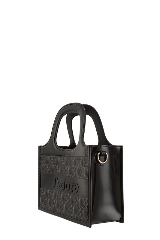 JADORE jelly bag in black with embossed texture, top handles, and gold-tone clasp detail