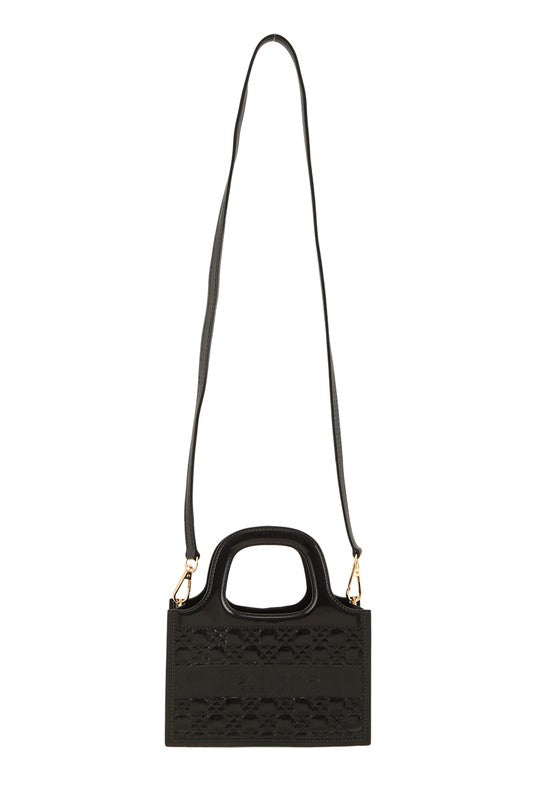 Black JADORE crossbody jelly bag with long strap, top handle, and embossed front