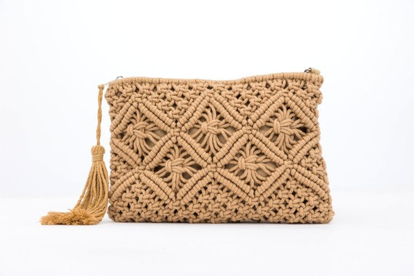 Khaki macrame tassel clutch, woven diamond pattern with side tassel