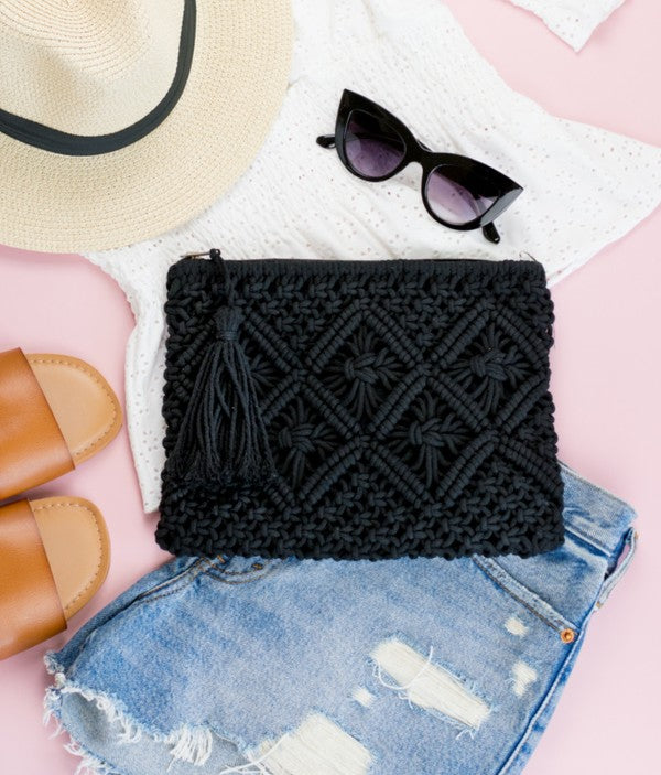 Black macrame tassel clutch, woven diamond lattice with long fringe