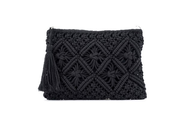Black macrame tassel clutch, textured diamond weave with tassel on side
