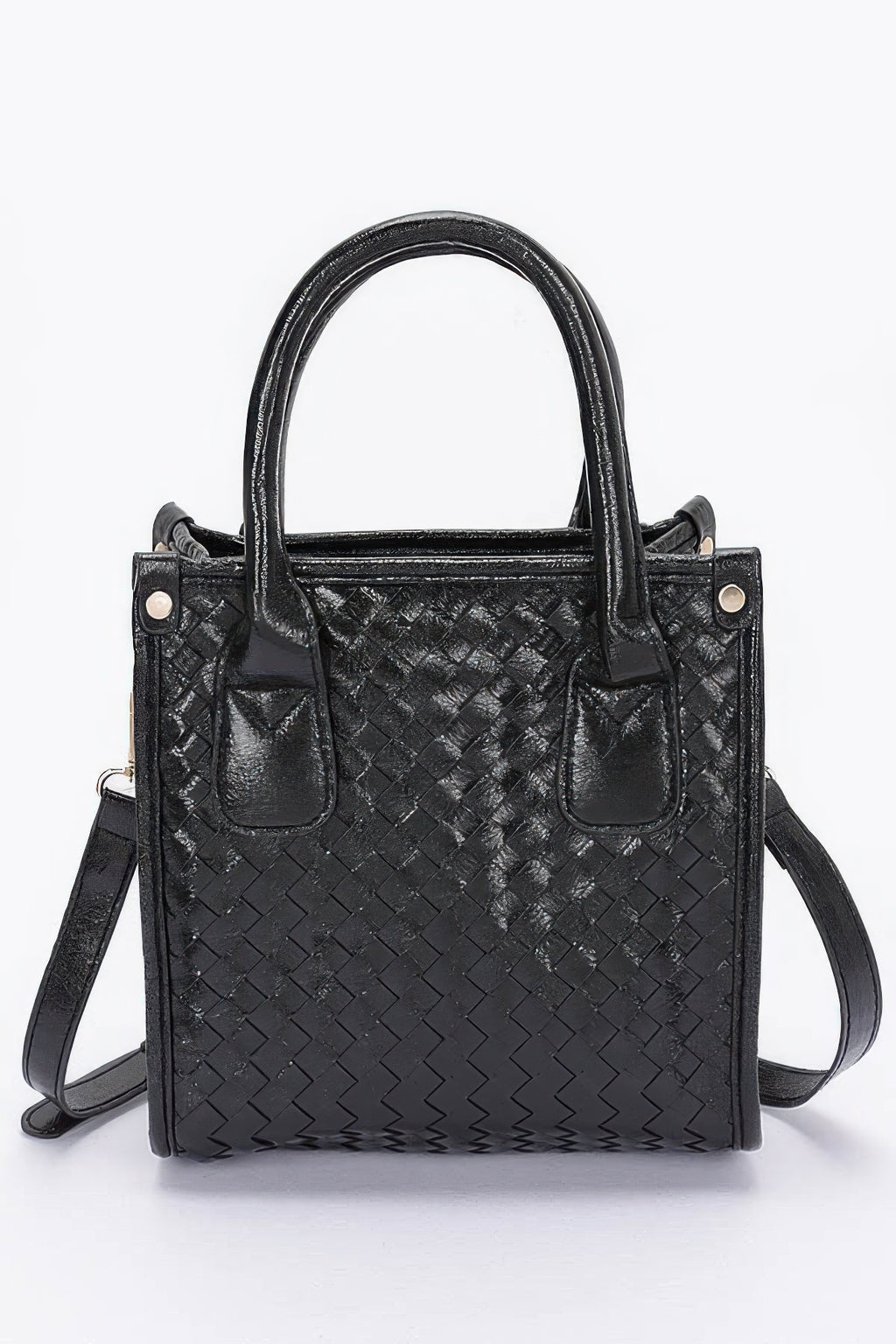 Metallic braided tote bag in black with woven texture and two front pockets