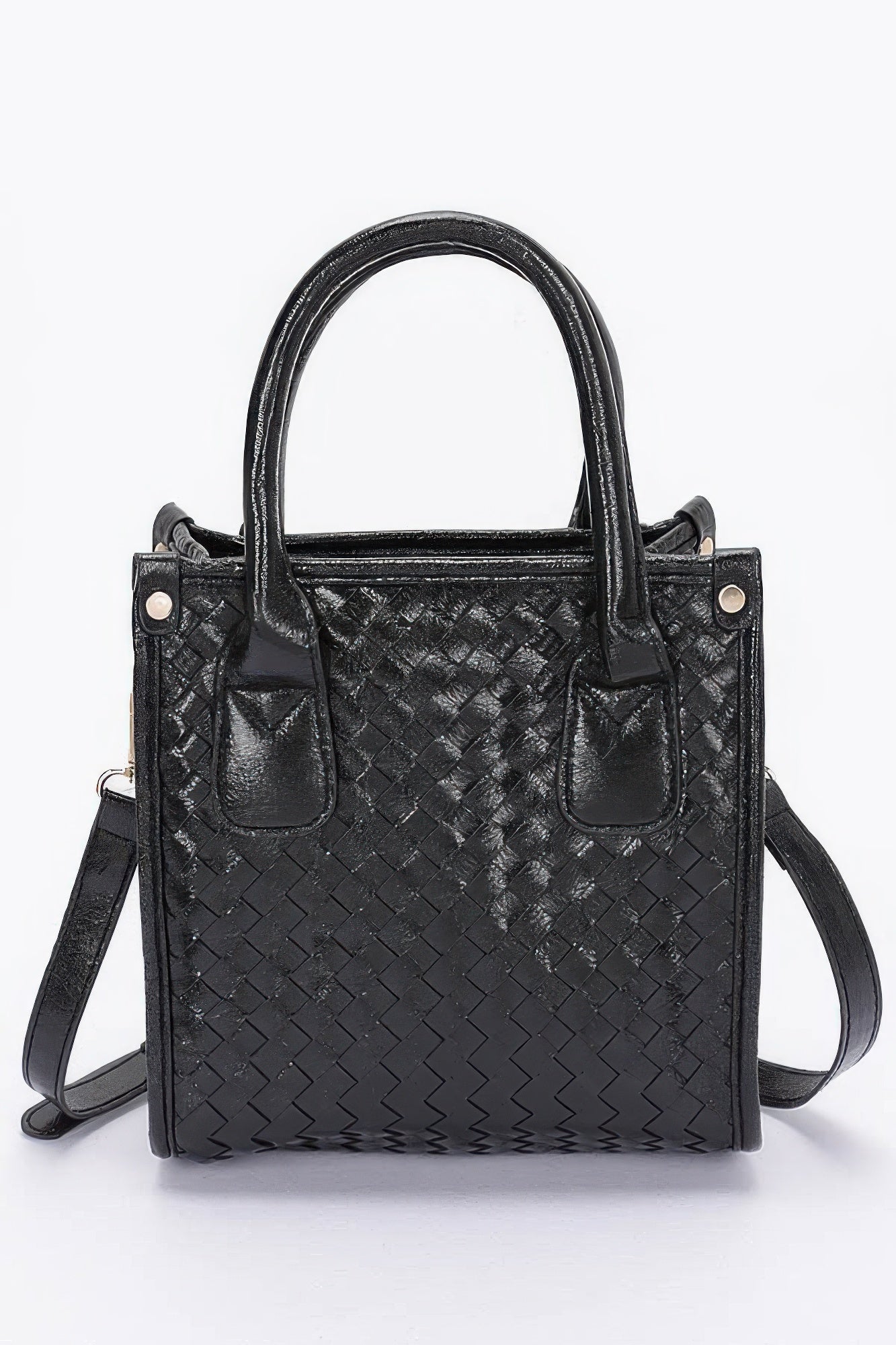 Metallic braided tote bag in black with woven texture and two front pockets