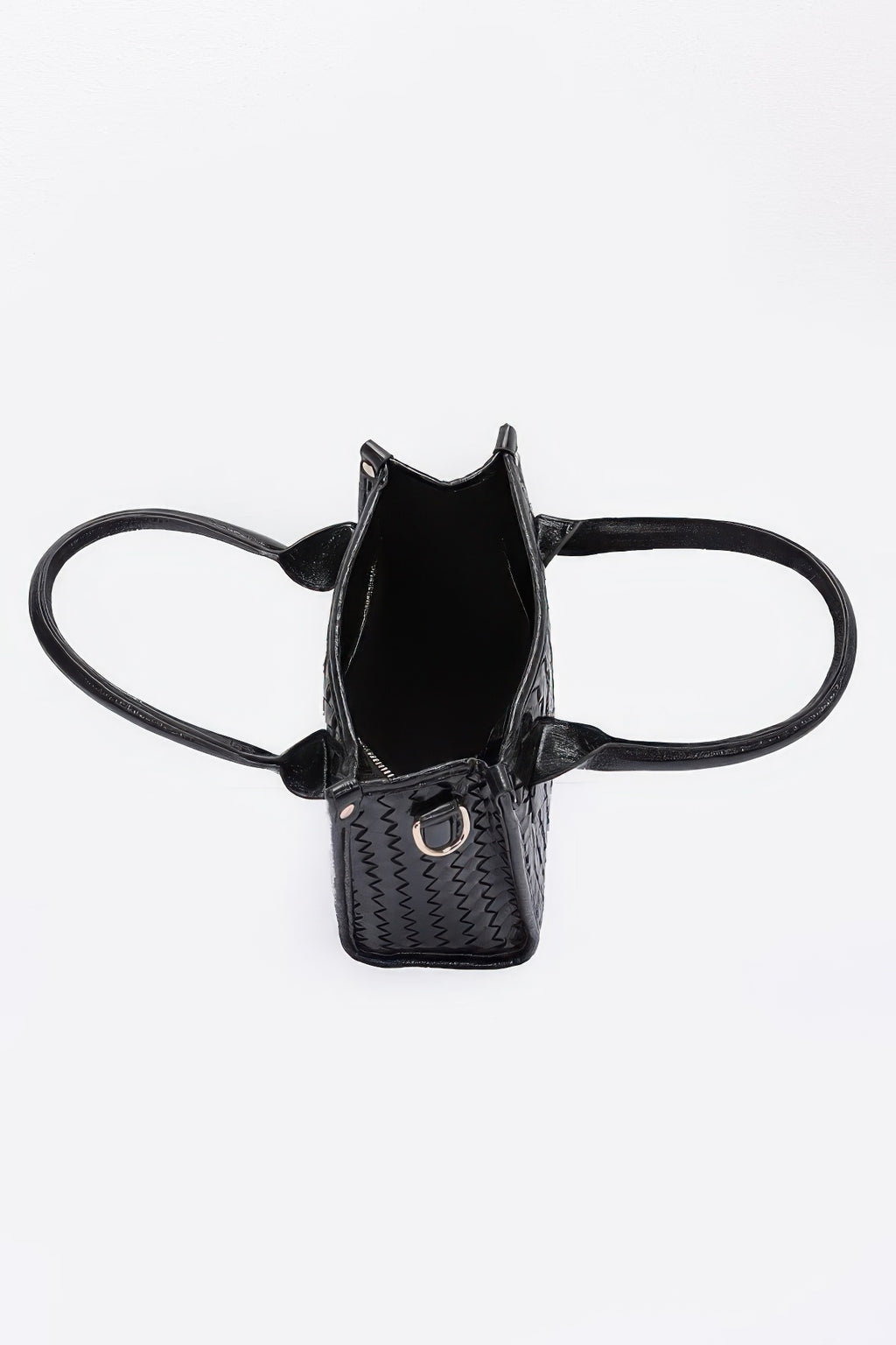 Black metallic braided tote bag, small top handle openings and side straps