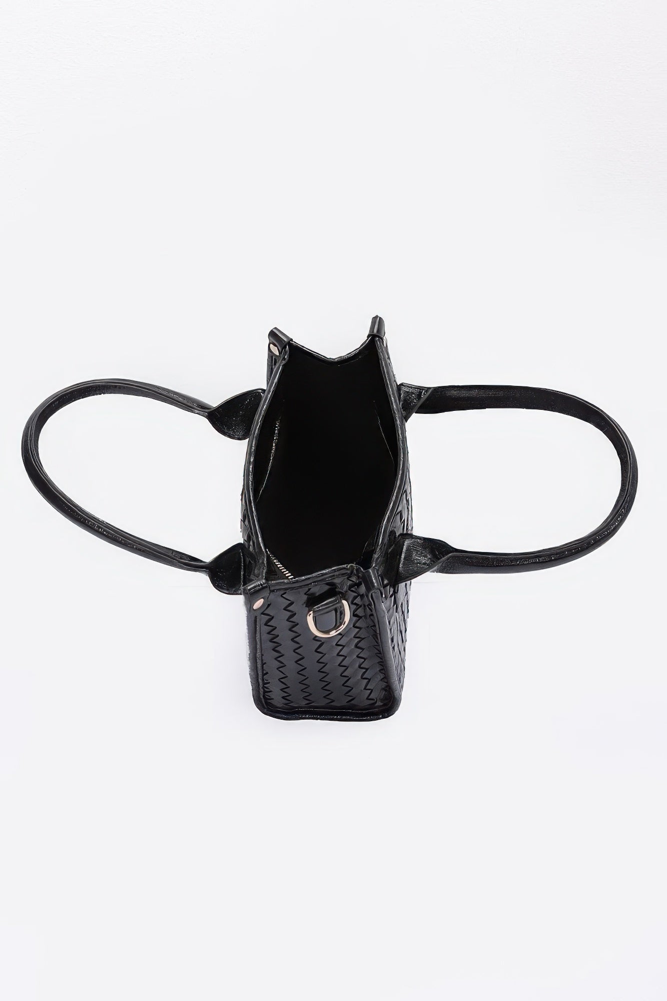 Black metallic braided tote bag, small top handle openings and side straps