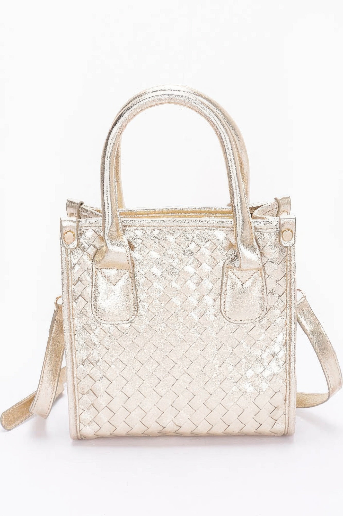 Metallic braided tote bag in gold with woven pattern and two front pockets