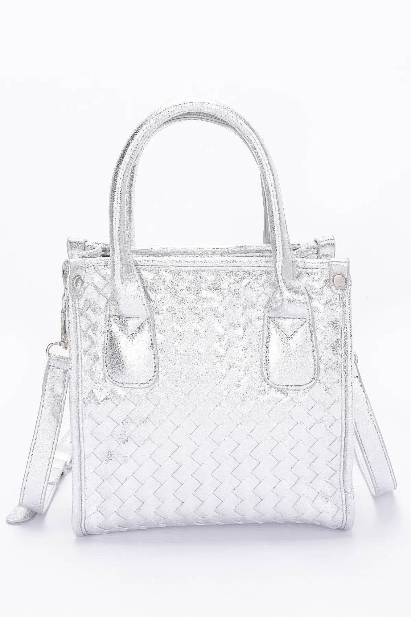 Metallic braided tote bag in silver with woven pattern and two front pockets