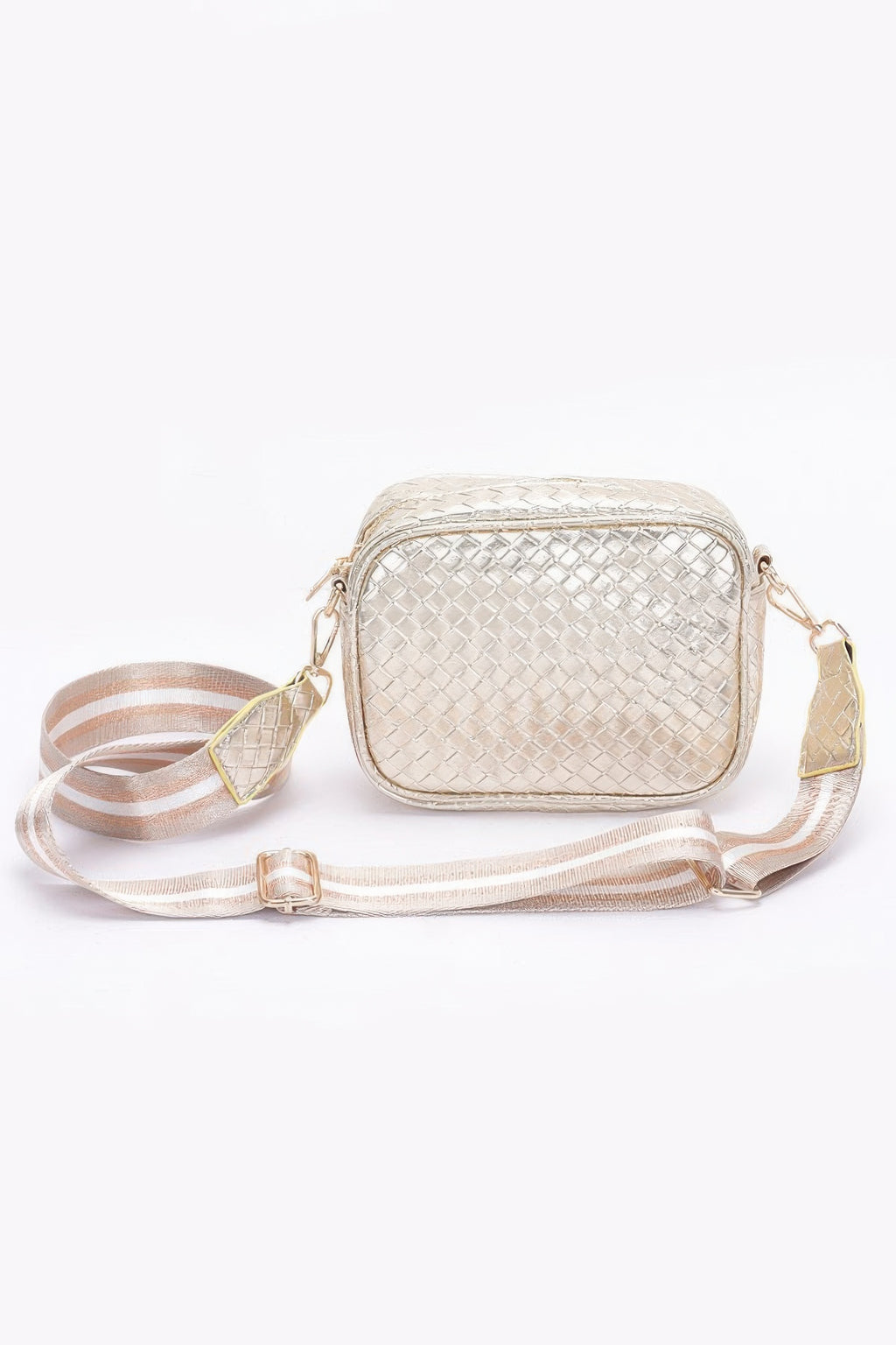Gold metallic embossed faux-leather camera bag with adjustable crossbody strap