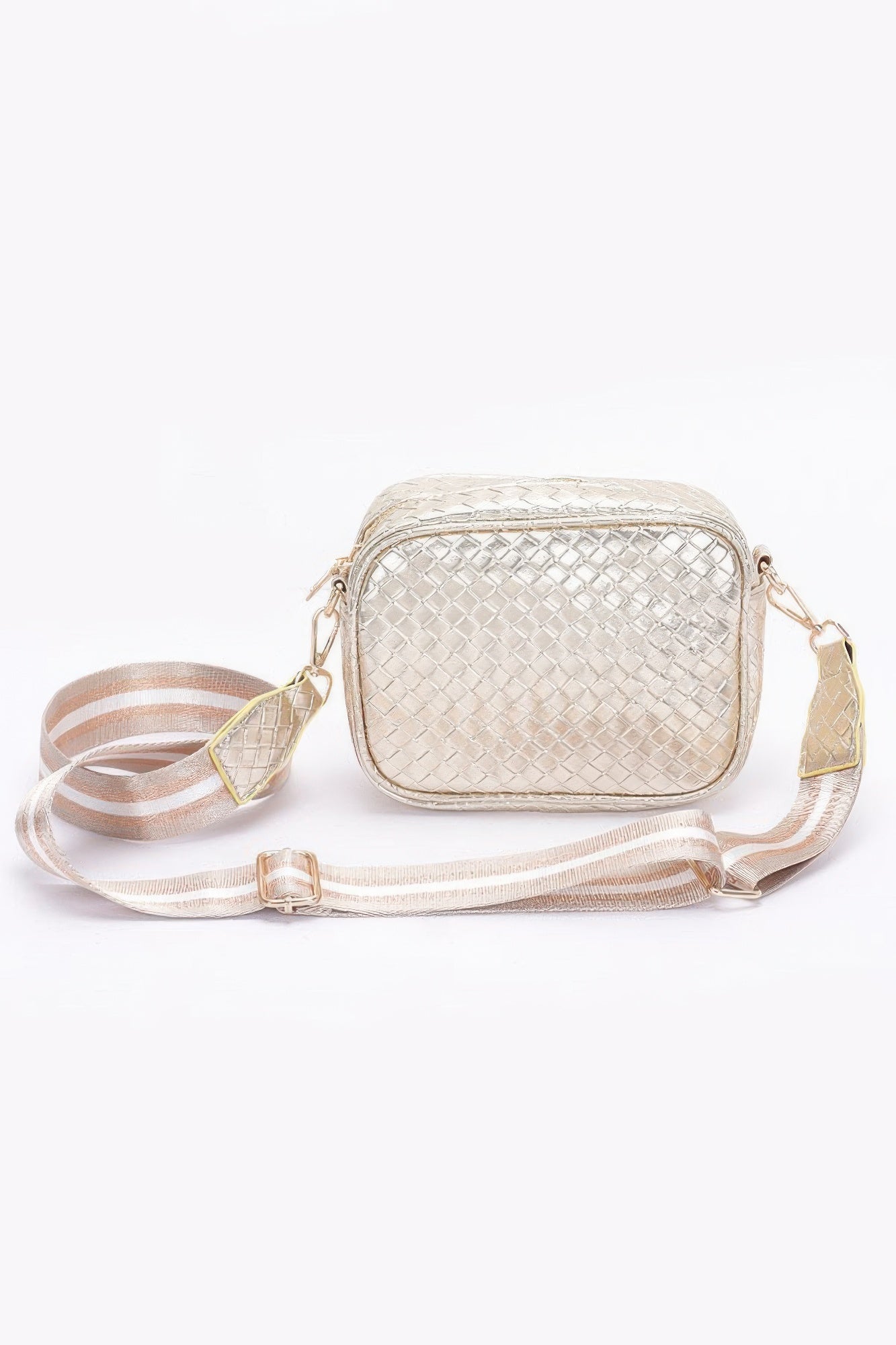 Gold metallic embossed faux-leather camera bag with adjustable crossbody strap