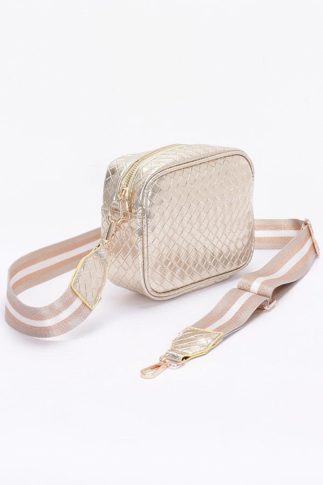 Champagne-gold metallic embossed faux-leather camera bag with adjustable strap