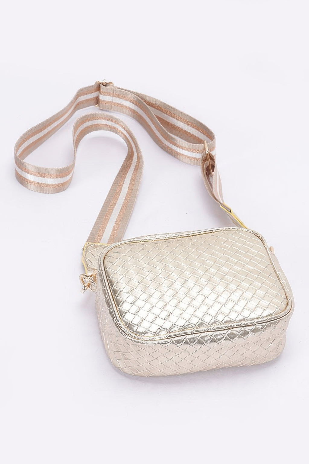 Silver metallic embossed faux-leather camera bag with striped adjustable strap