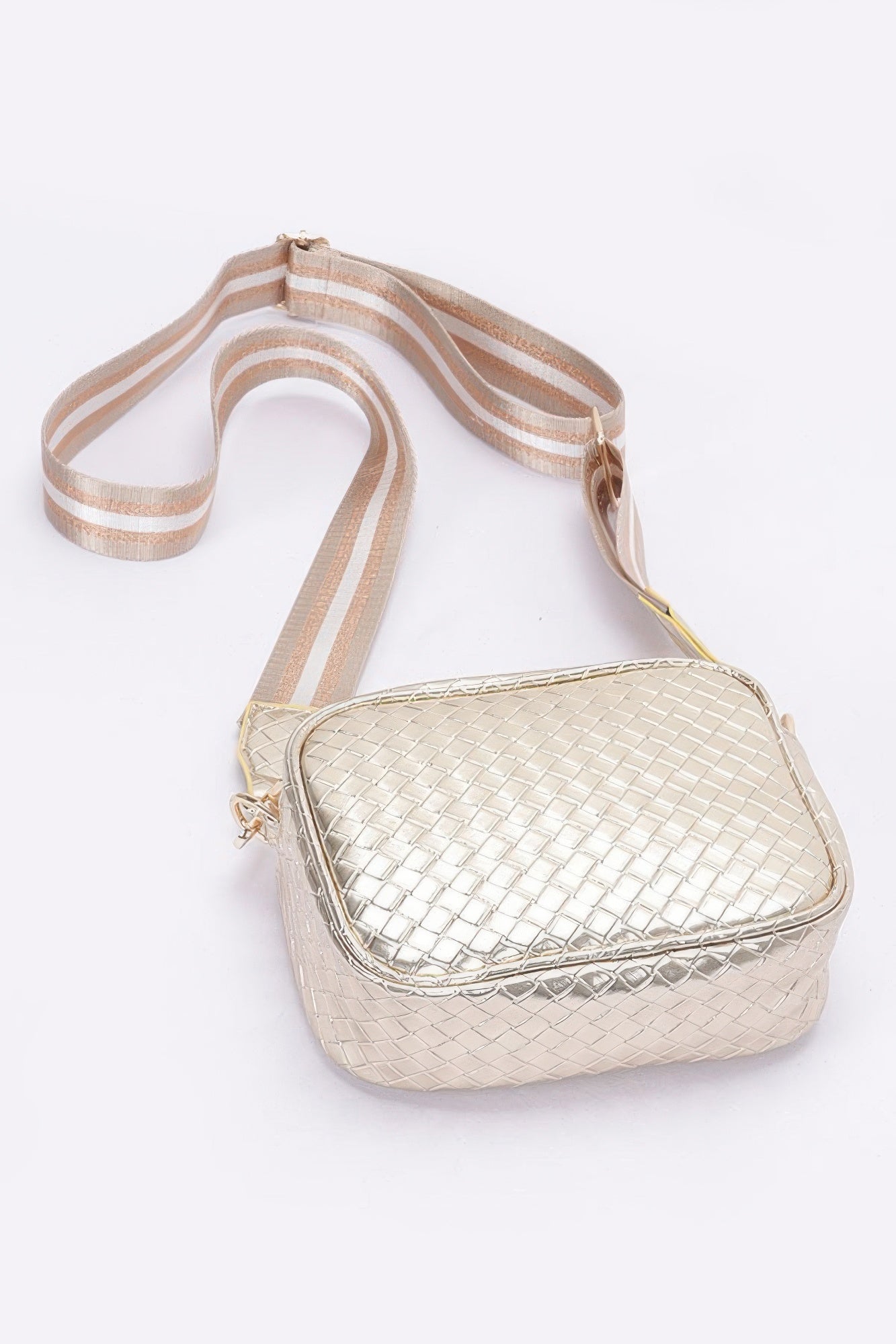 Silver metallic embossed faux-leather camera bag with striped adjustable strap