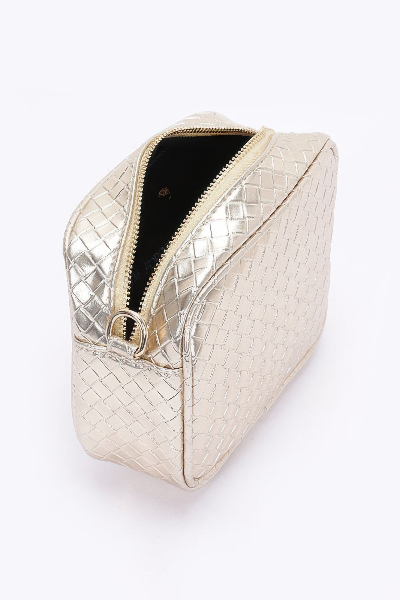 Silver metallic faux-leather camera bag with zip top and black interior
