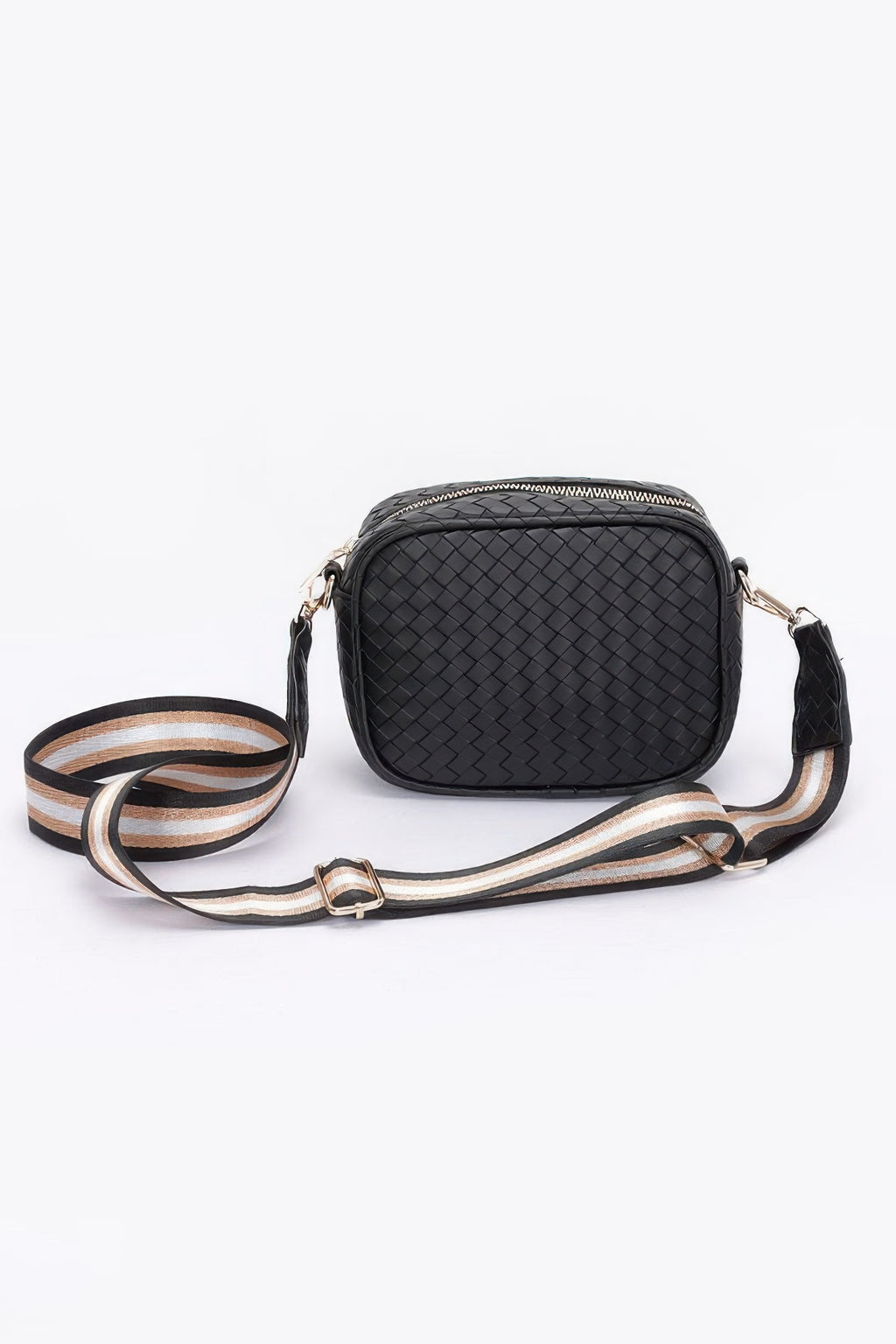 Black woven-look faux-leather camera bag with adjustable crossbody strap