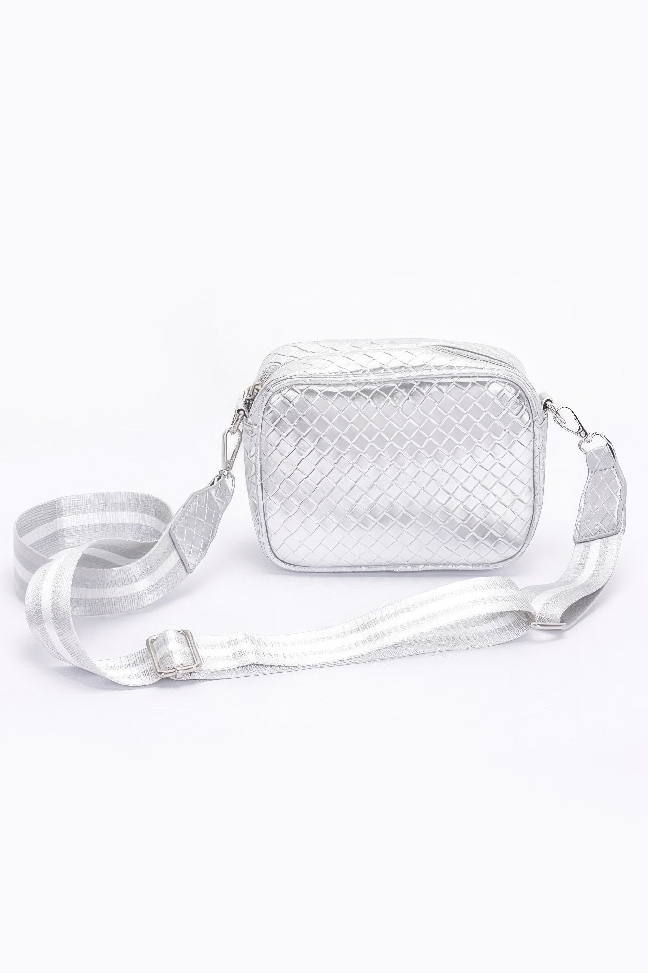 Silver metallic embossed faux-leather camera bag with crossbody strap