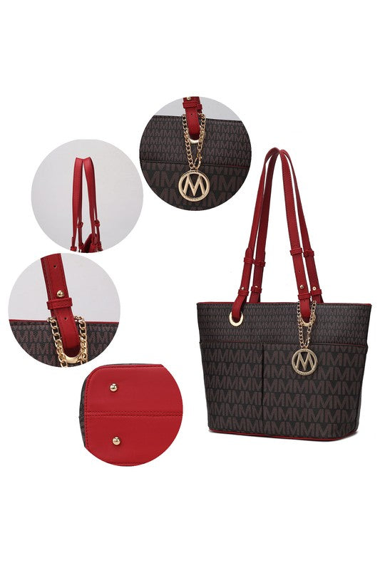 Printed tote bag with burgundy handles and matching small snap wallet pouch