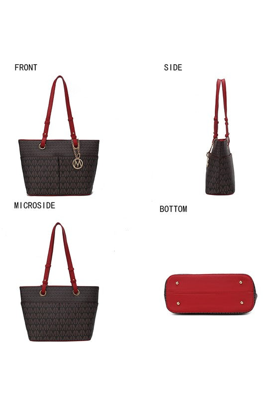 Burgundy-trim printed tote bag with side pocket and red bottom zip detail