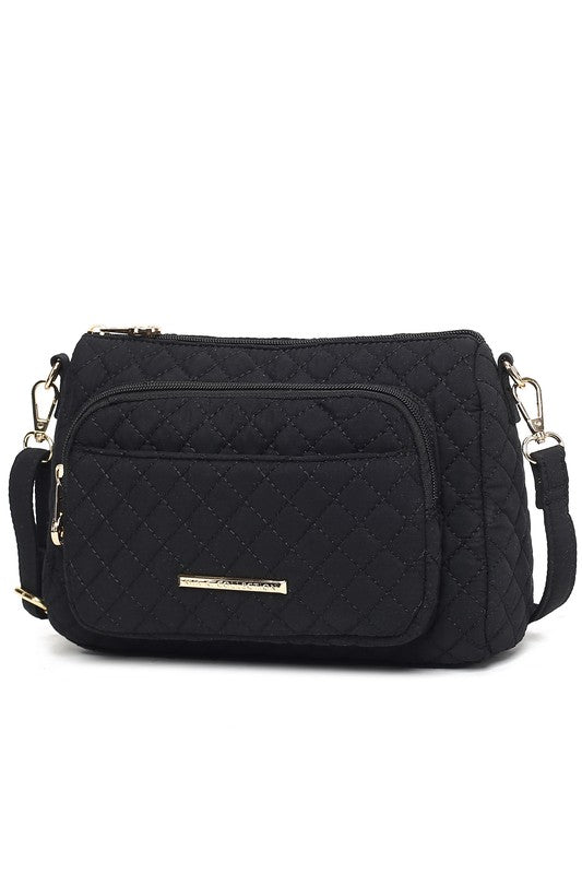 Black quilted crossbody bag with front zip pocket and adjustable strap