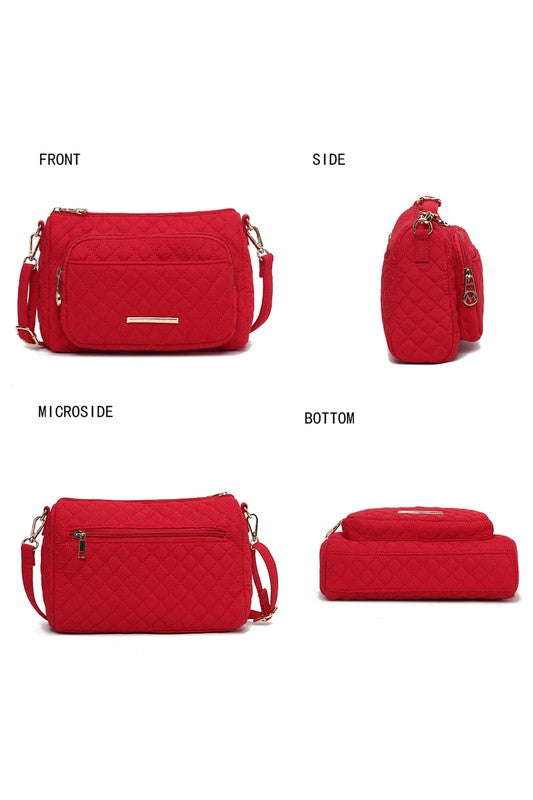 Rosalie quilted shoulder bag in red, front and side views with adjustable strap