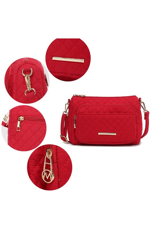 Rosalie quilted shoulder bag red; closeups of logo label, zipper pull, and D-ring