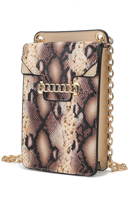 Beige snake print phone crossbody bag with gold chain strap and front clasp