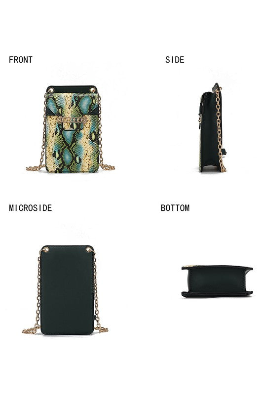 Yael crossbody phone bag—front, side, mini crossbody, and bottom angles