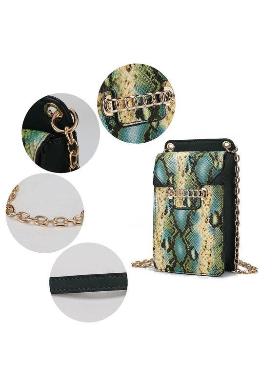Yael phone crossbody bag detail: gold chain strap, ring hardware, flap front