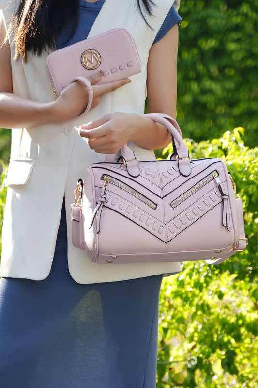 Lara satchel bag with wallet, pale pink, dual zip top and front detailing.
