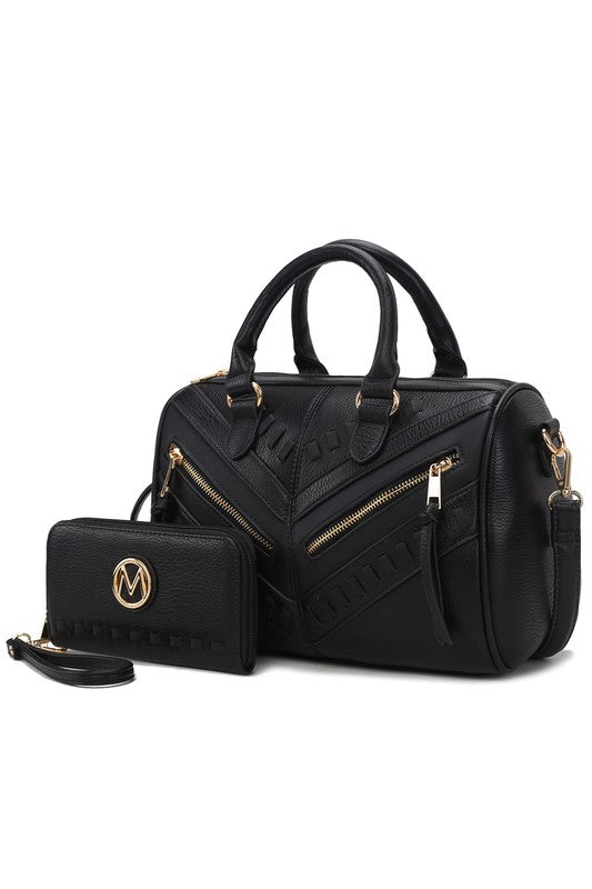 MKF Lara satchel with wallet, black textured finish, gold-tone zippers and tassels.