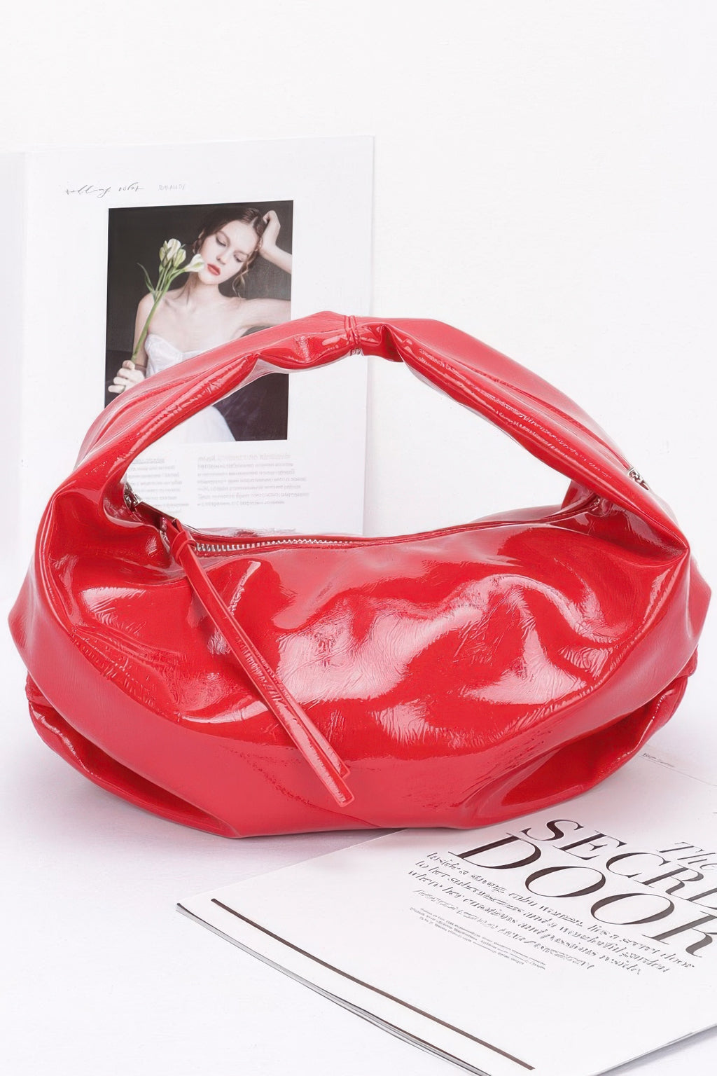 Patent Leather Hobo Bag in red, slouchy shape, top handle and shoulder strap