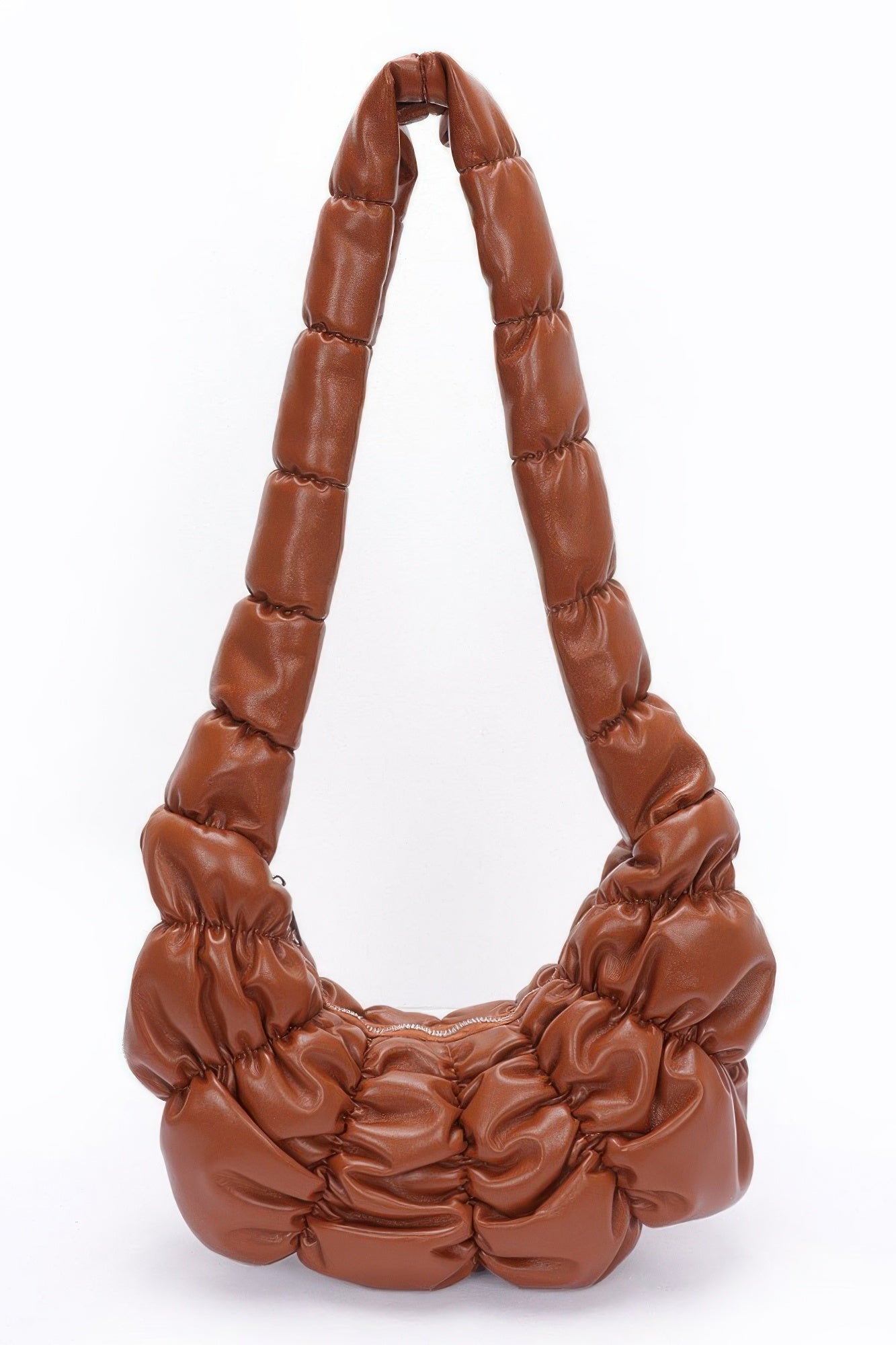 Pleated faux leather crossbody bag, brown, upright crescent shape with pleated strap
