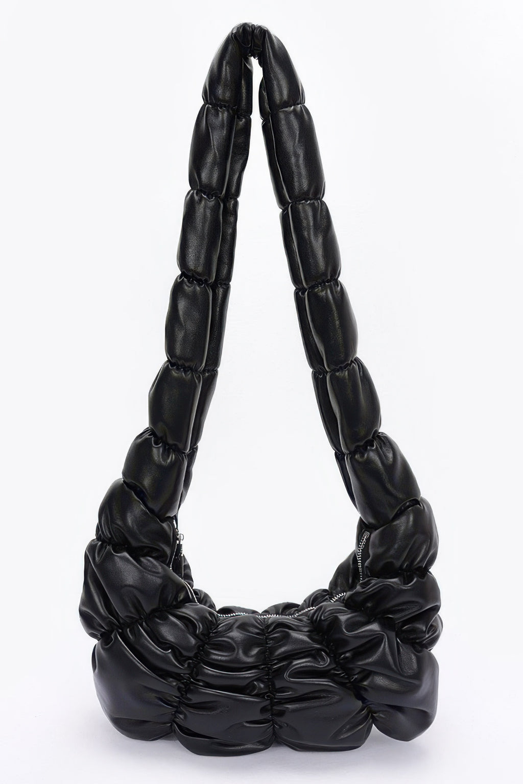 Pleated faux leather crossbody bag, black, quilted strap with gathered front