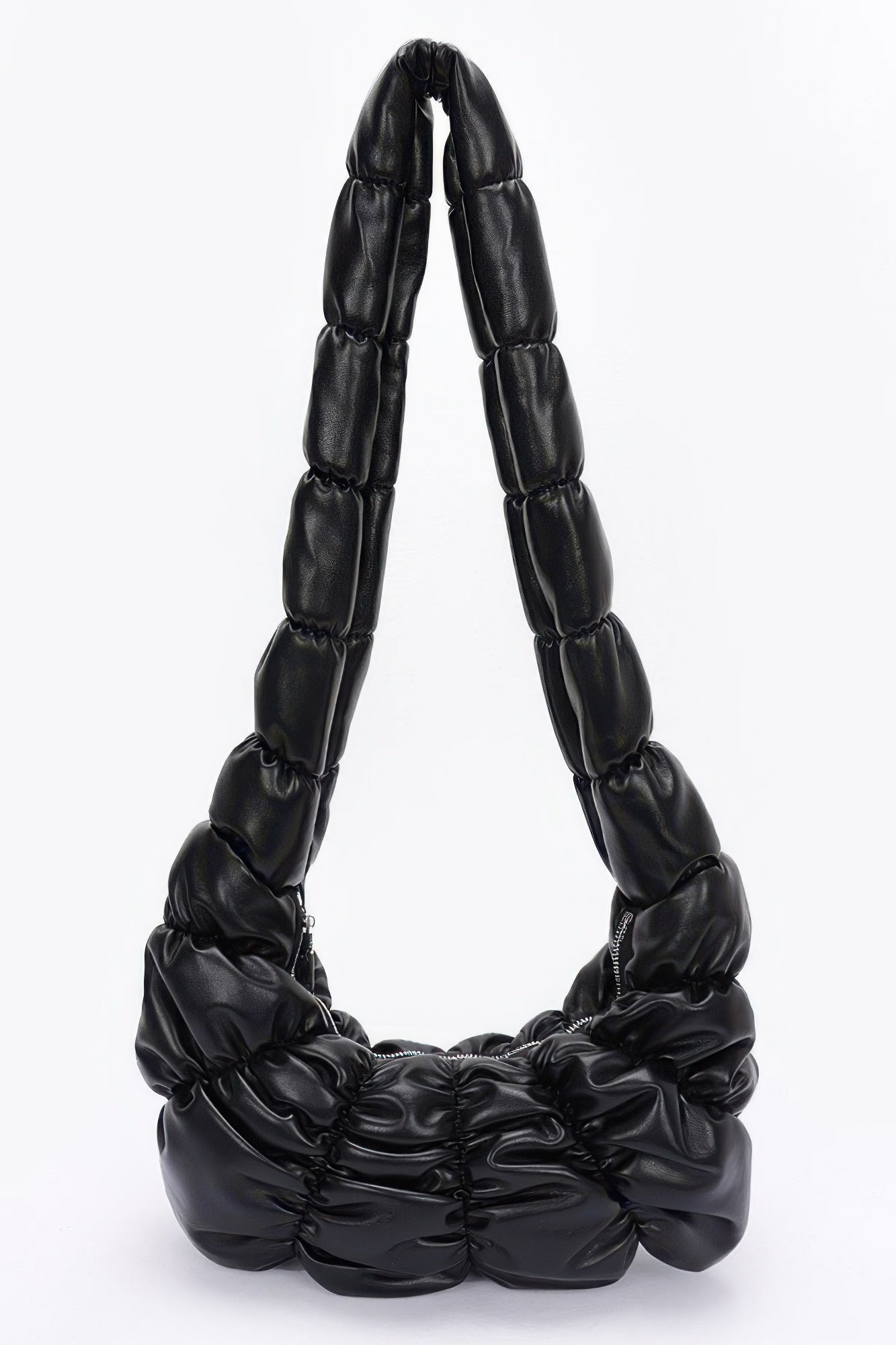 Pleated faux leather crossbody bag, black, quilted strap with gathered front