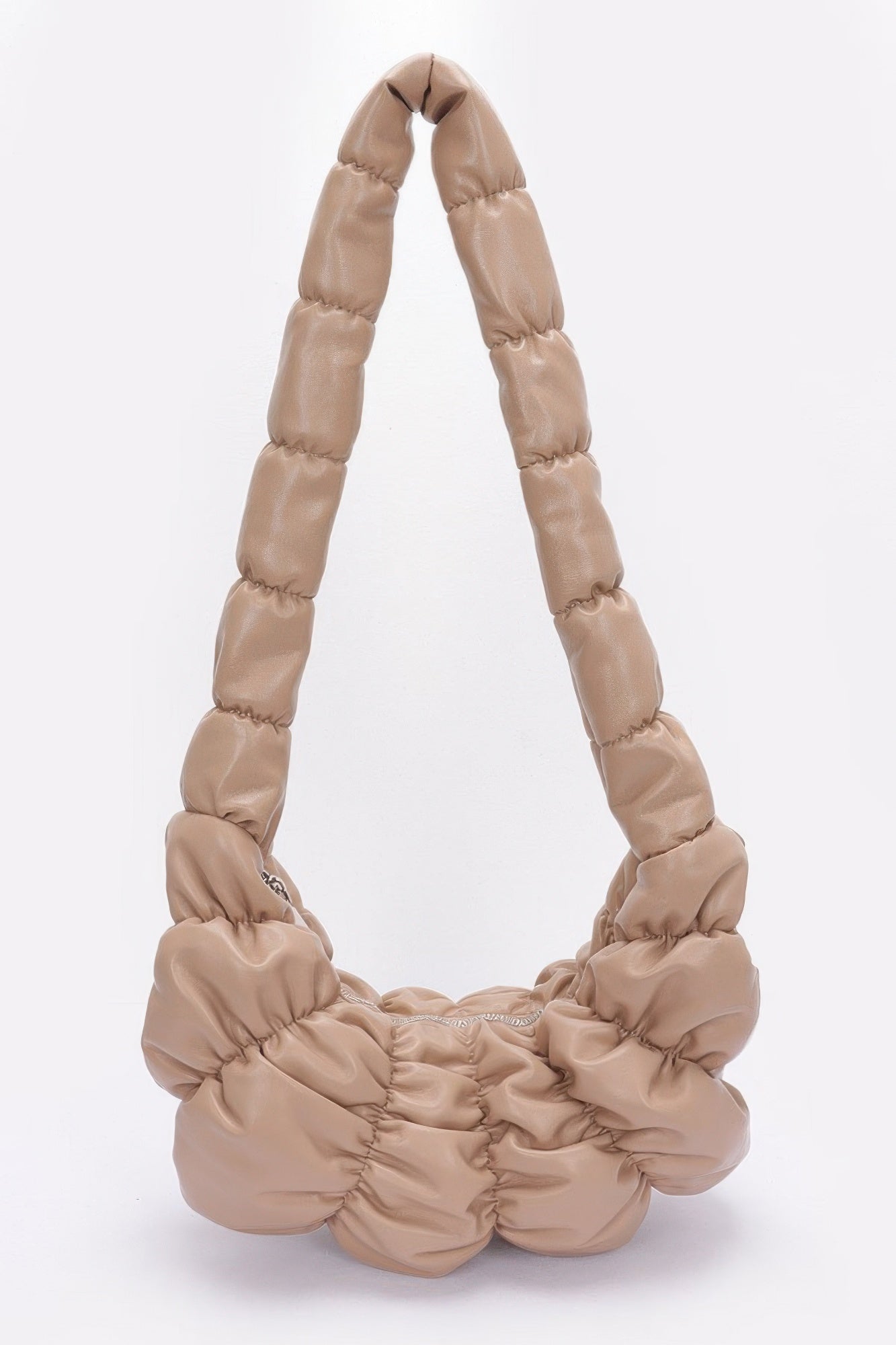 Pleated faux leather crossbody bag, khaki/beige, ruched crescent silhouette