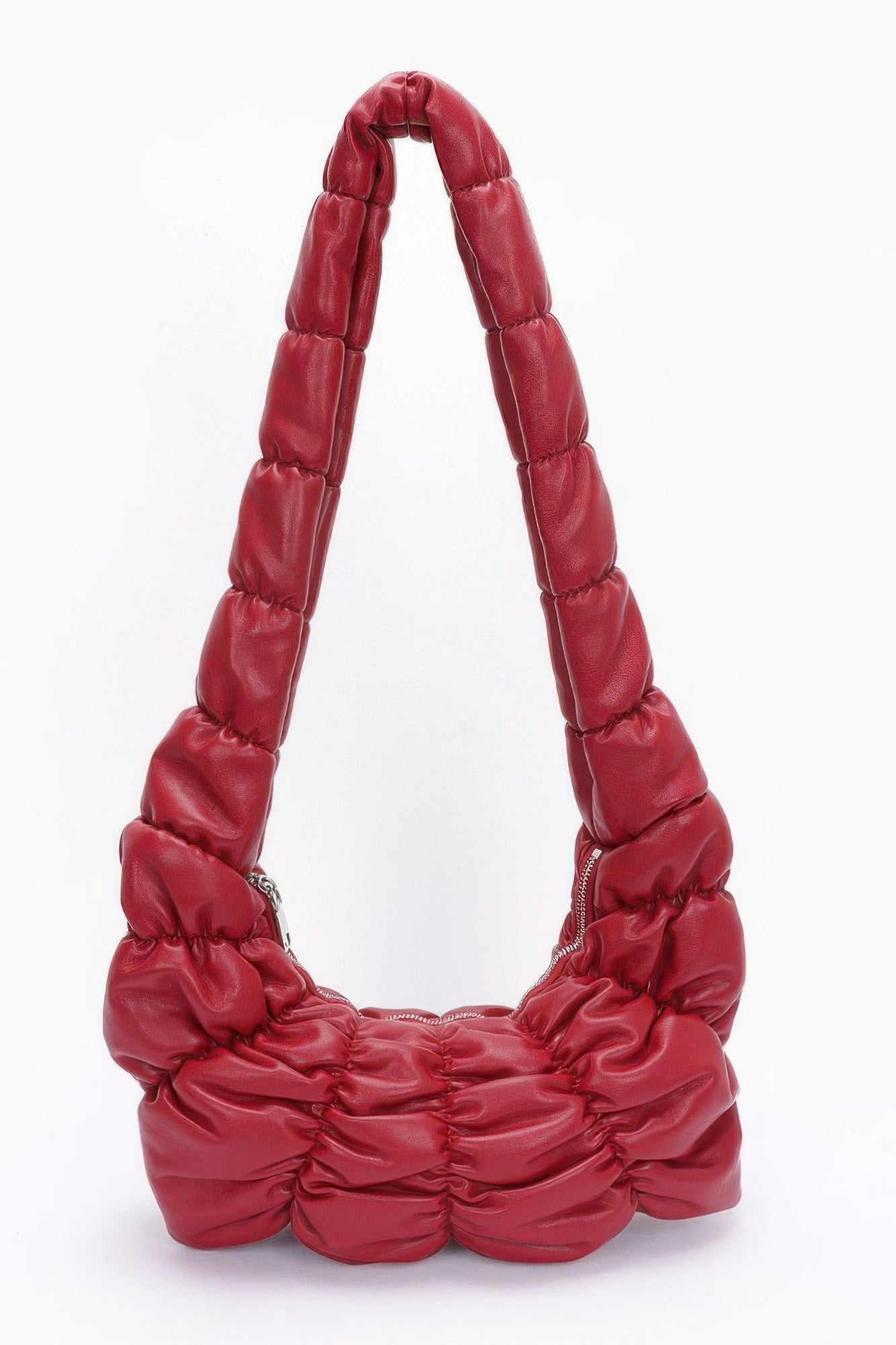 Pleated faux leather crossbody bag, burgundy red, ruched crescent with zipper edge