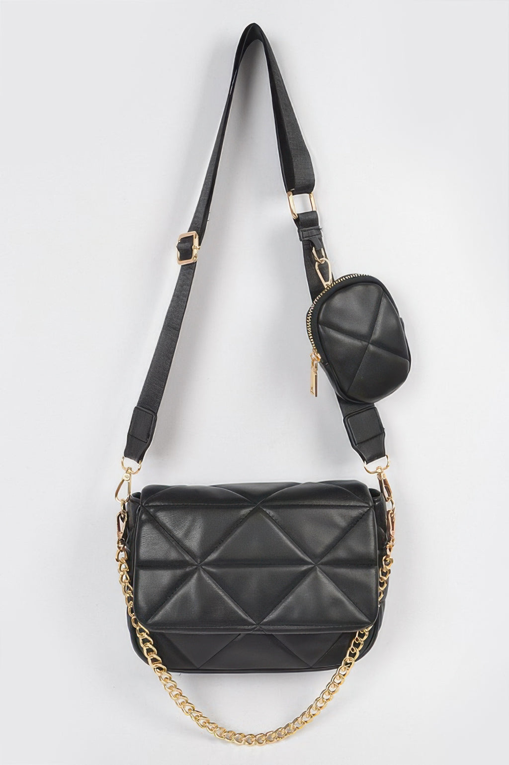 Quilted black crossbody bag with gold chain strap and small round zip pouch