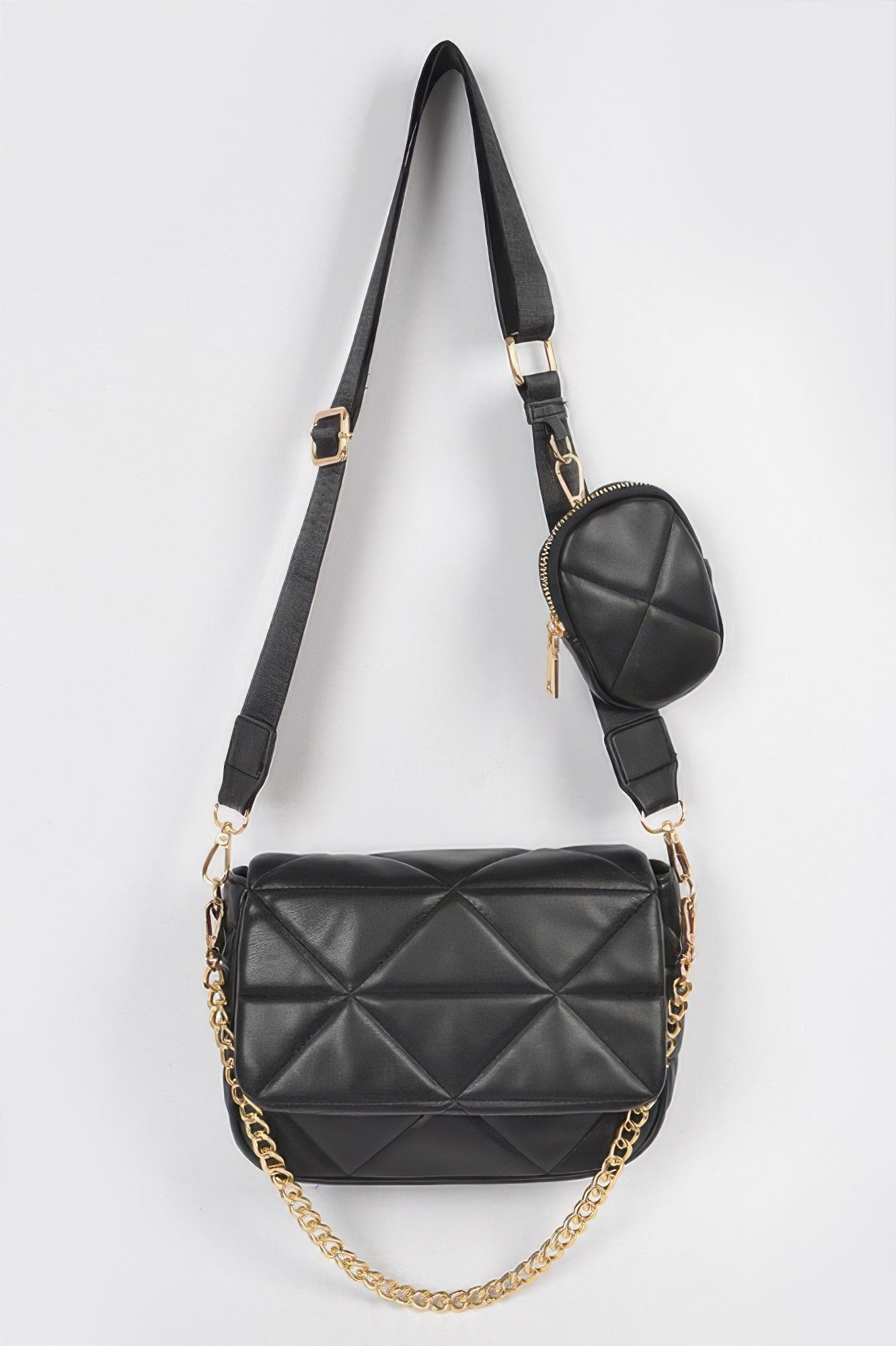 Quilted black crossbody bag with gold chain strap and small round zip pouch