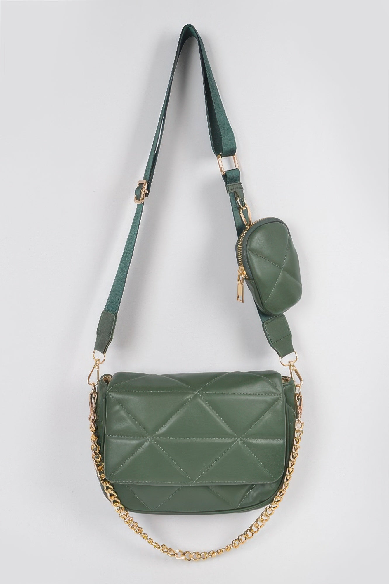 Quilted olive crossbody bag with matching strap, gold chain, and small round zip pouch