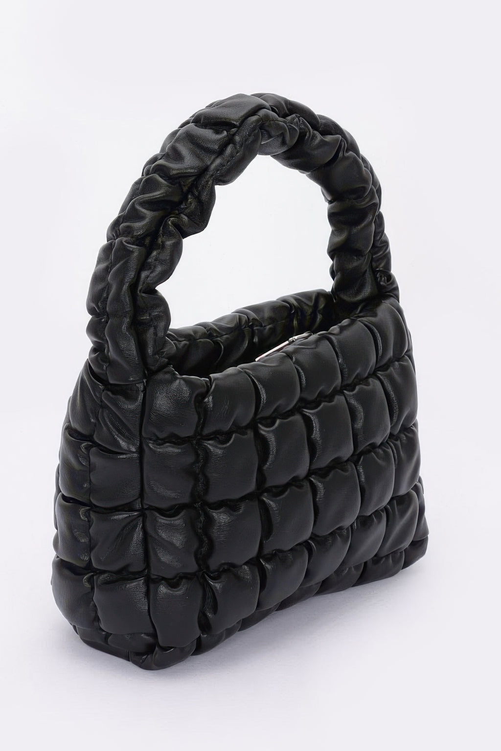 Quilted faux leather padded handle bag, black, front view with curved handle.