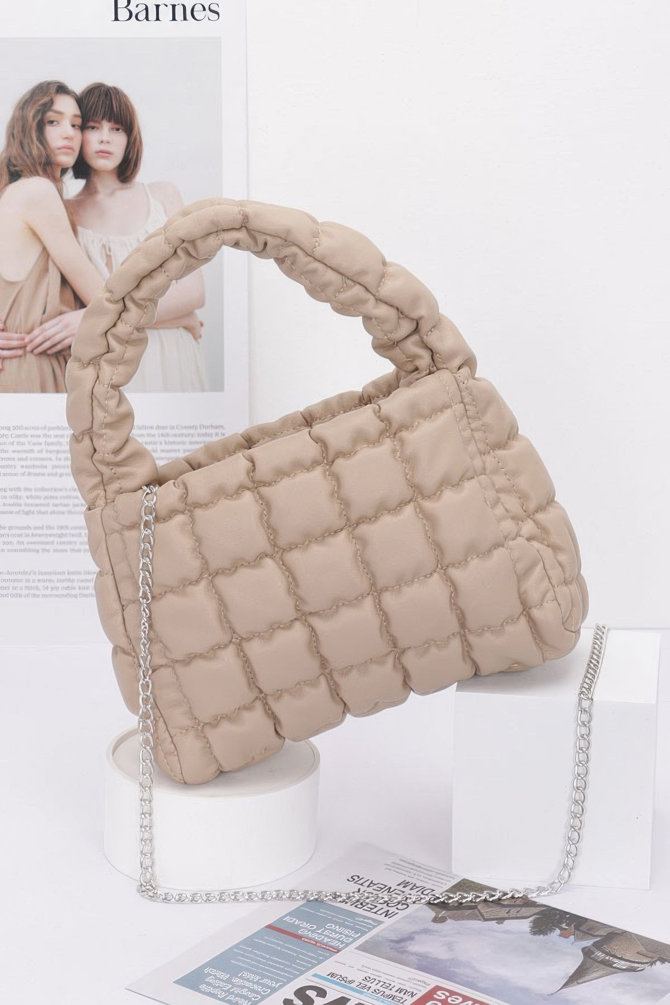 Quilted faux leather padded handle bag with chain strap, beige.