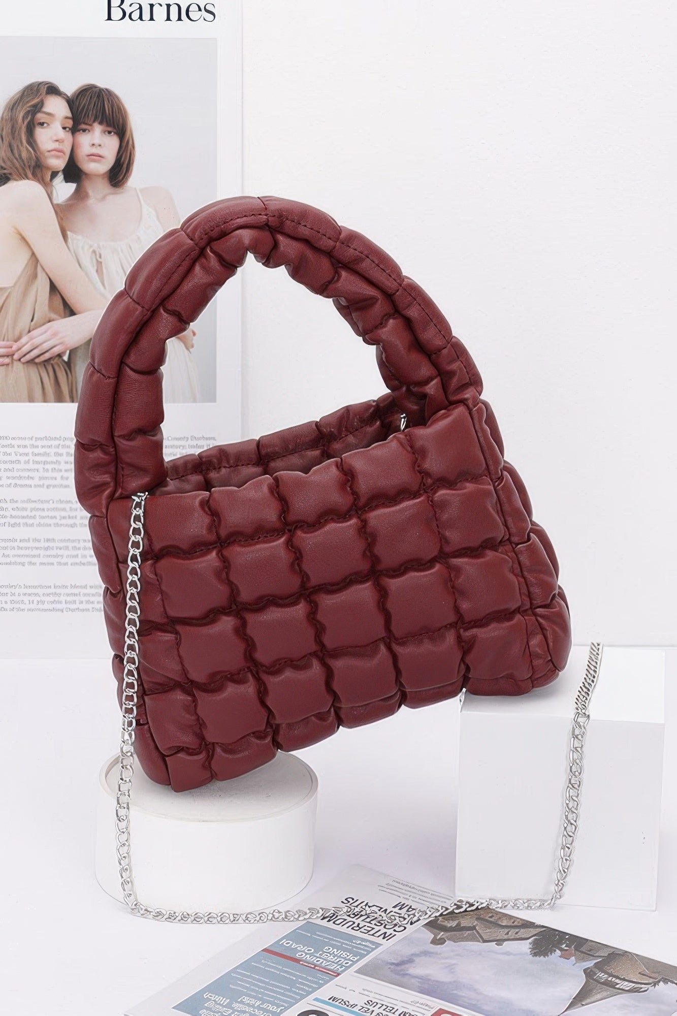 Quilted faux leather padded handle bag with chain strap, burgundy.