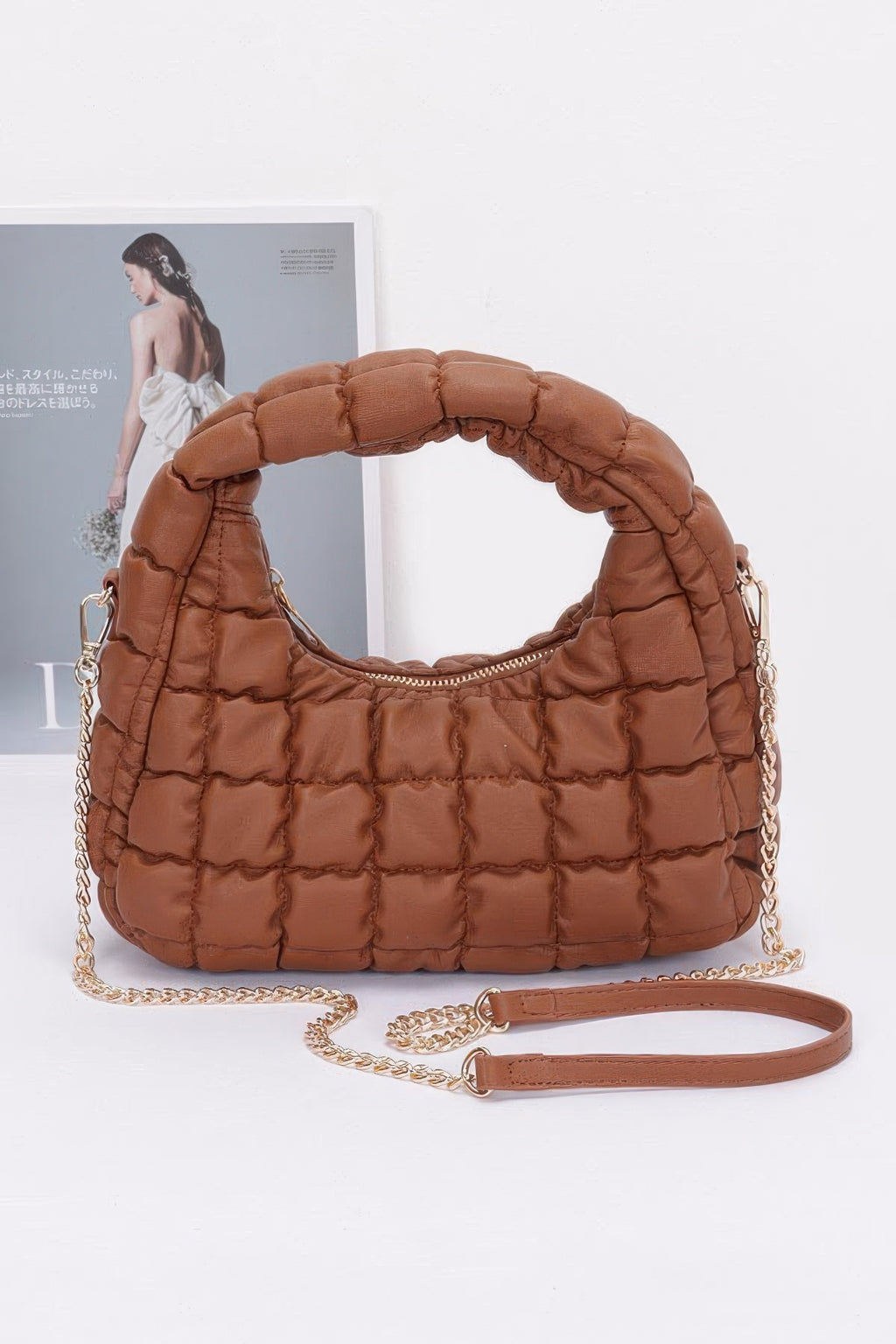 Quilted faux leather padded hobo bag, camel color, chain shoulder strap and zipper top