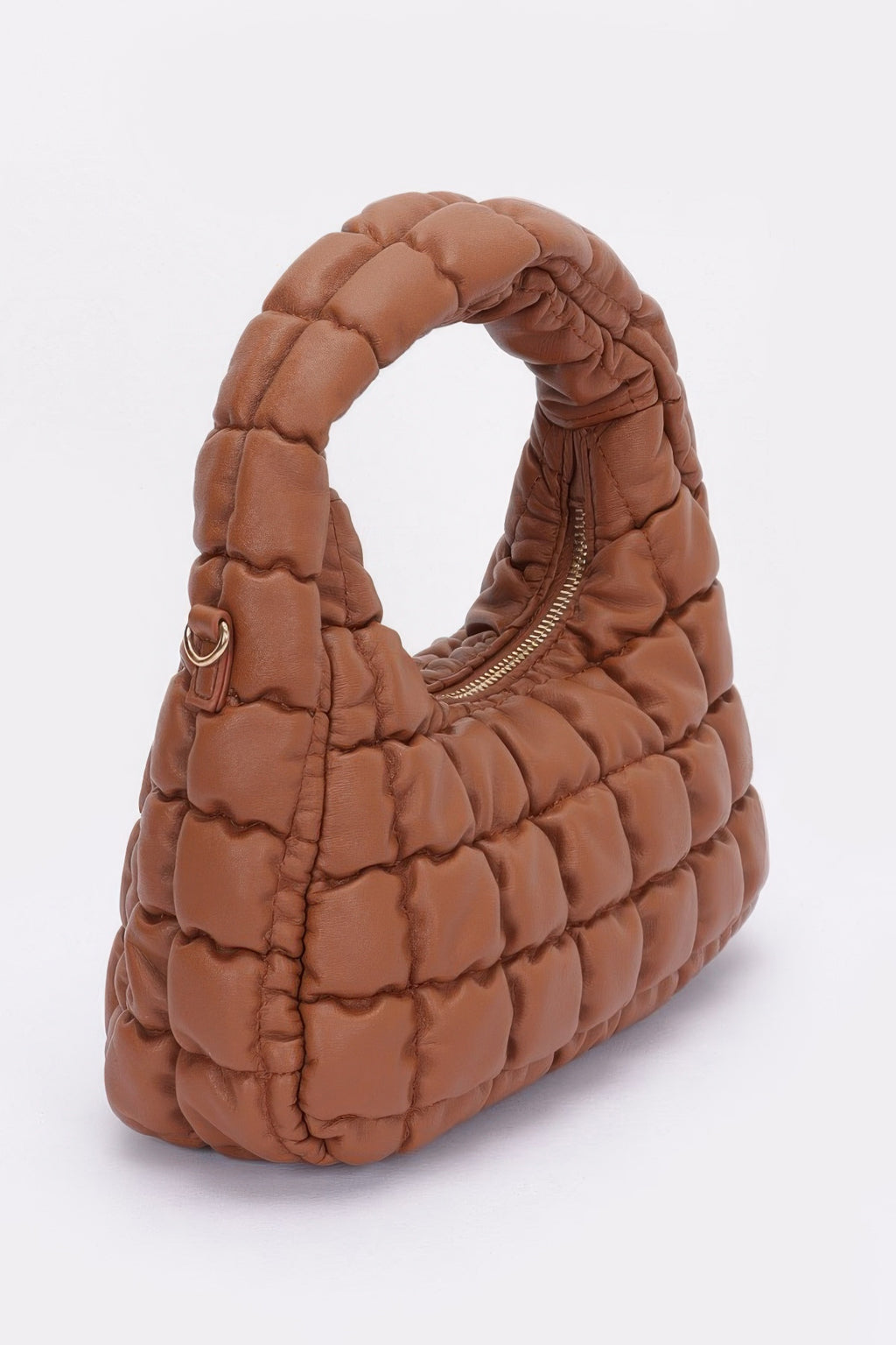 Camel quilted hobo bag with padded handle and curved zipper opening, faux leather look