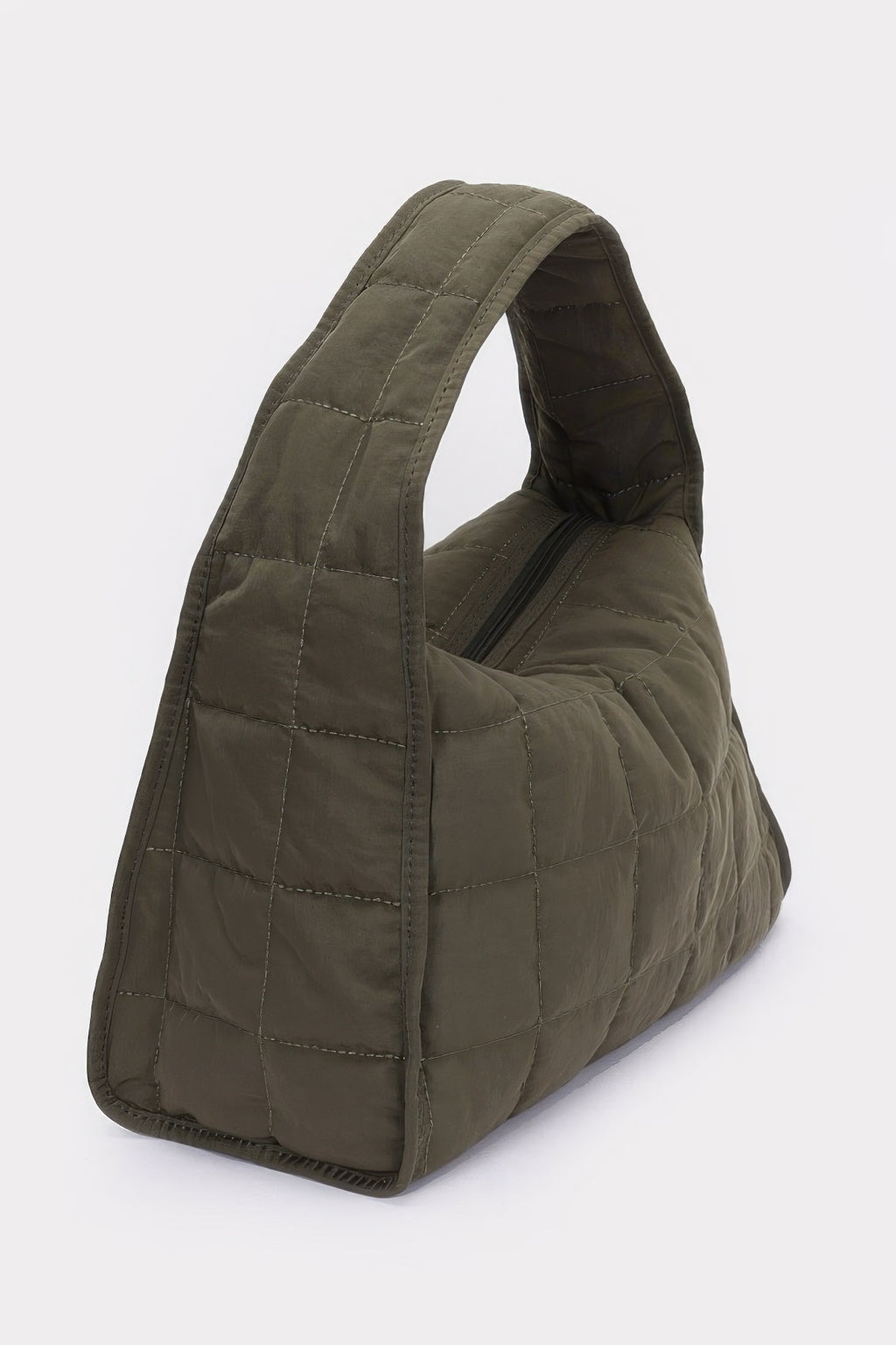 Olive quilted nylon shoulder bag with side opening and interior lining visible