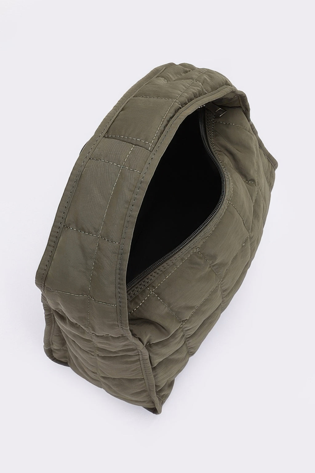 Khaki quilted nylon shoulder bag with side opening and dark interior lining