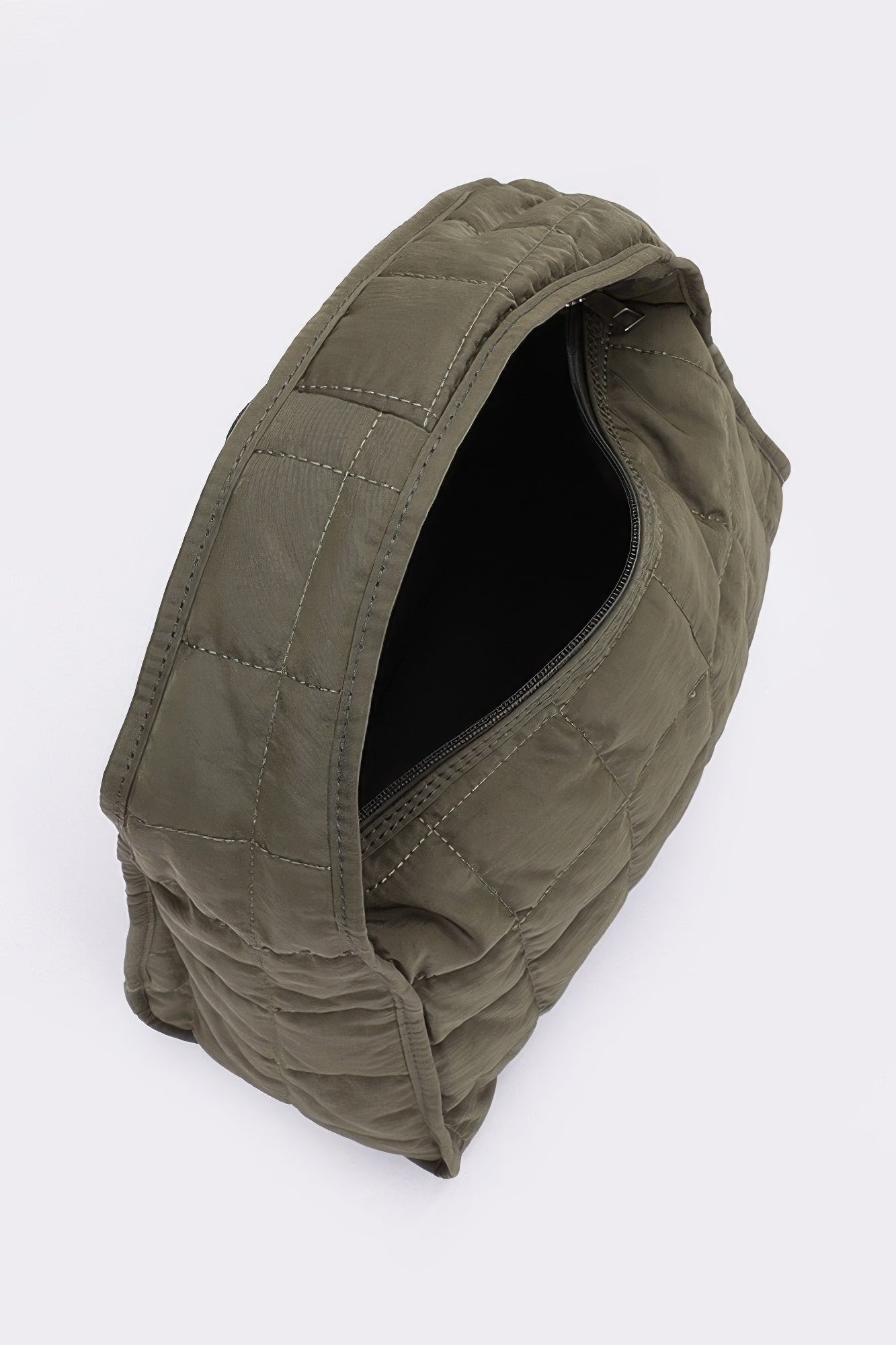 Khaki quilted nylon shoulder bag with side opening and dark interior lining