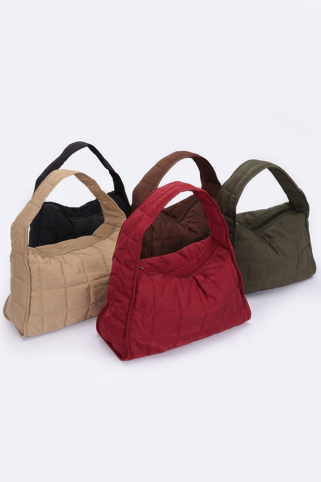Quilted nylon shoulder bags in black, beige, burgundy, and olive colors