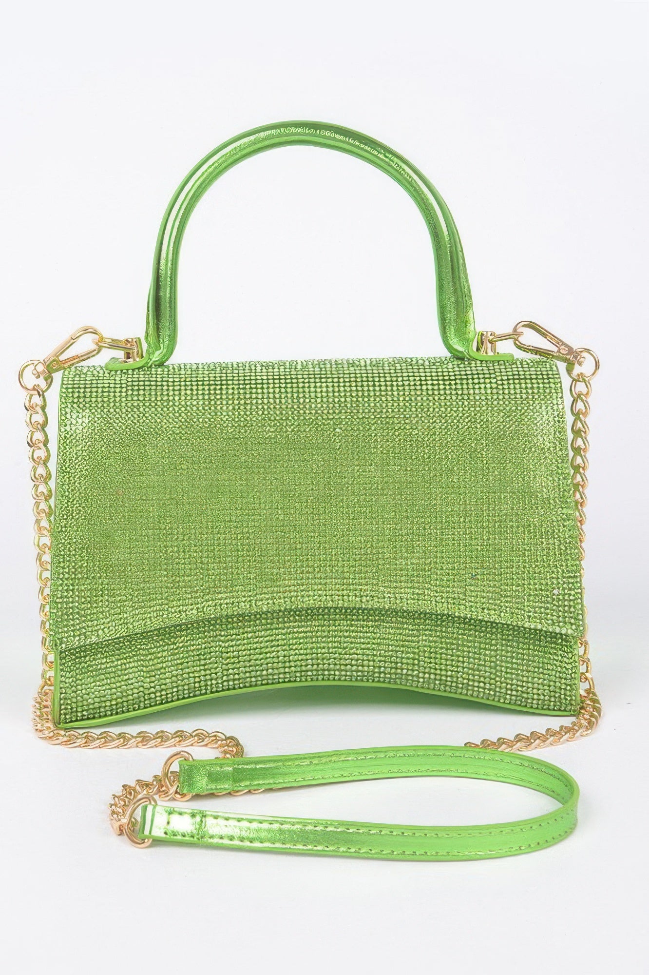 Apple Green rhinestone top-handle flap bag with gold chain strap