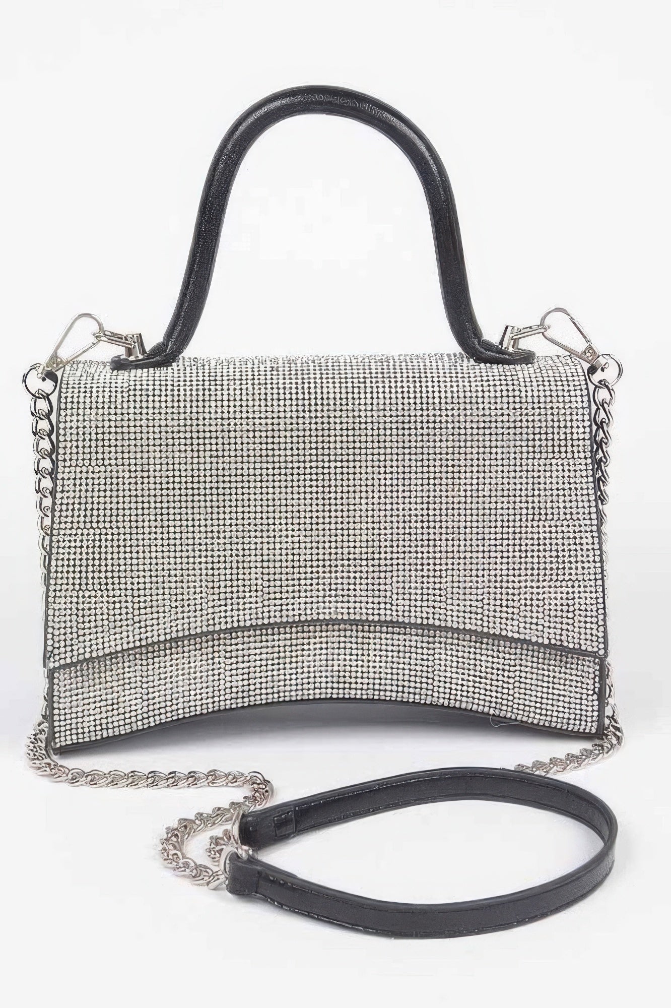 Silver rhinestone top-handle flap bag with black shoulder strap and chain